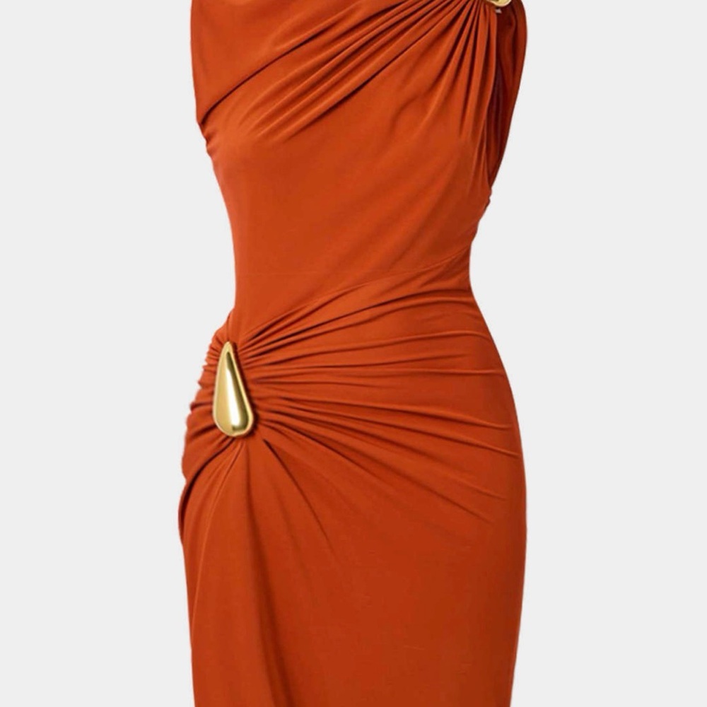 One-Shoulder Rust Ruched Dress with Gold Accent